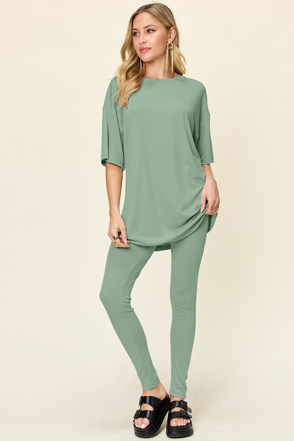 Double Take Full Size Round Neck Dropped Shoulder T-Shirt and Leggings Set